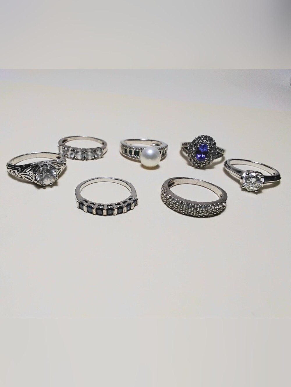 925 Silver 7 Ring Lot Sz 7&7-1/2 Moissanite, Pearl, Blue Diamond